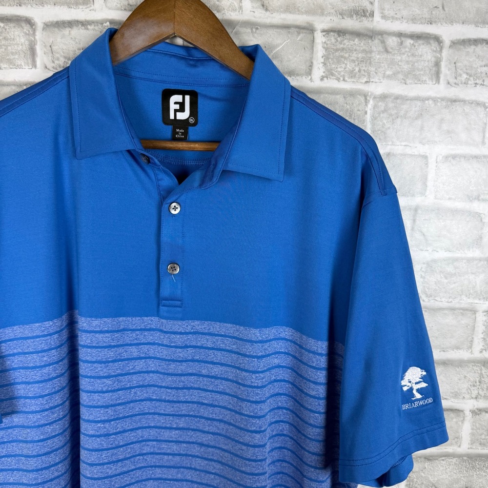 FootJoy FJ Mens XL Golf Polo Shirt Royal Blue Striped Briarwood Logo Stretch